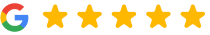 Google logo with five yellow stars representing a five-star rating for Toombs Orthodontics.