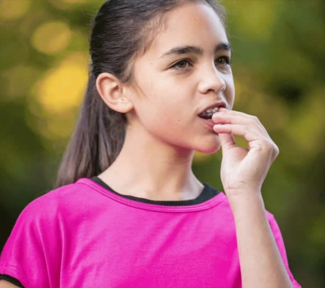 Young girl in pink shirt biting fingernail nervously outdoors with blurred green background.