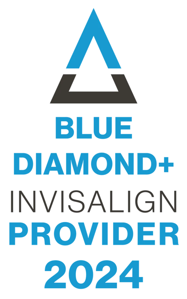 Invisalign Blue Diamond Plus Provider 2024 certification badge with blue and gray geometric diamond design.